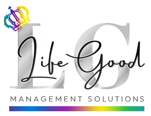 Logo for 'Life Good Management Solutions' with a colorful crown and gradient bar on a white background.